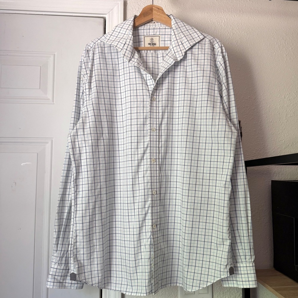 TODD SNYDER white blue plaid windowpane long sleeve button up down dress shirt
